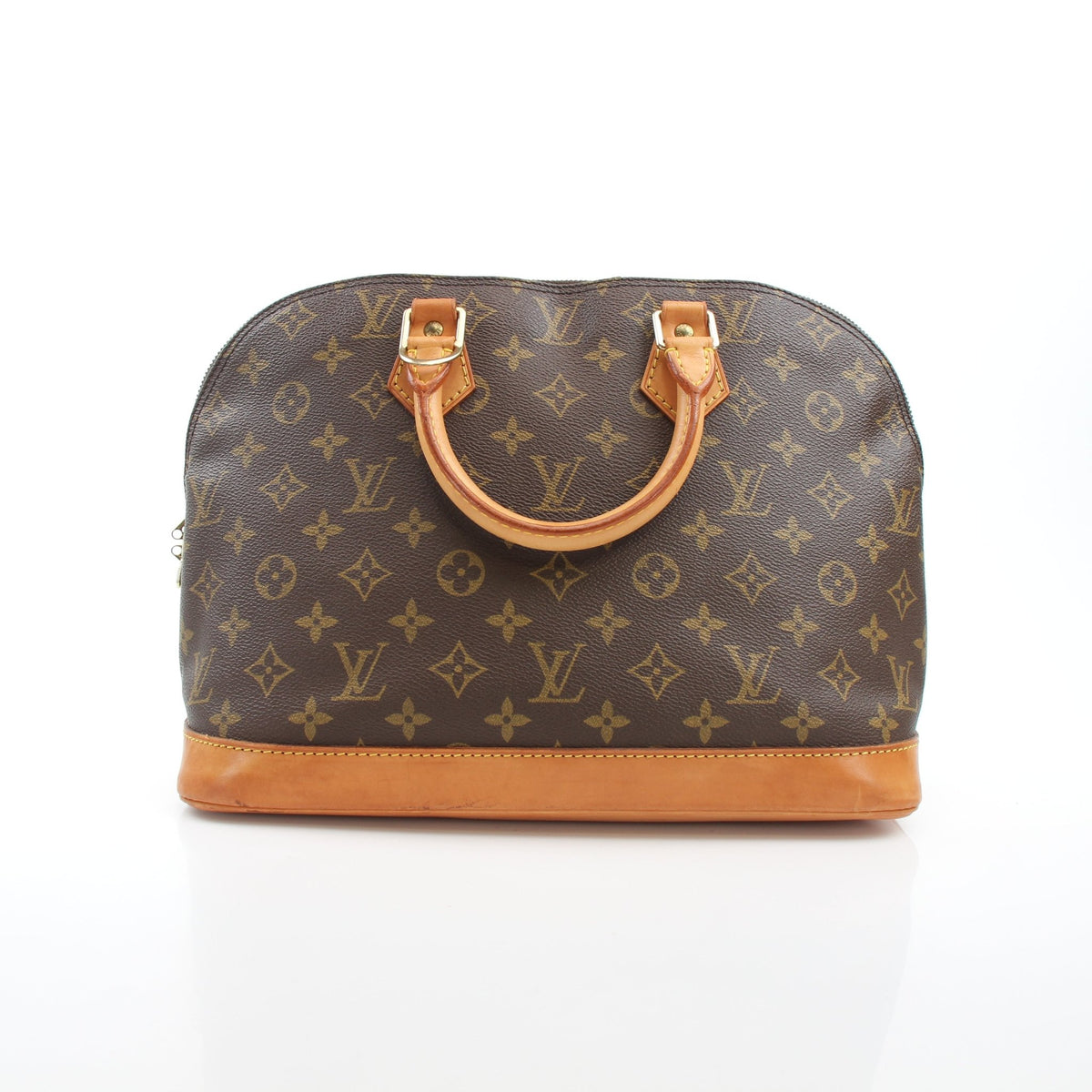 Louis Vuitton Monogram Alma PM handbag in brown coated canvas with gold hardware, featuring structured shape and top handles.