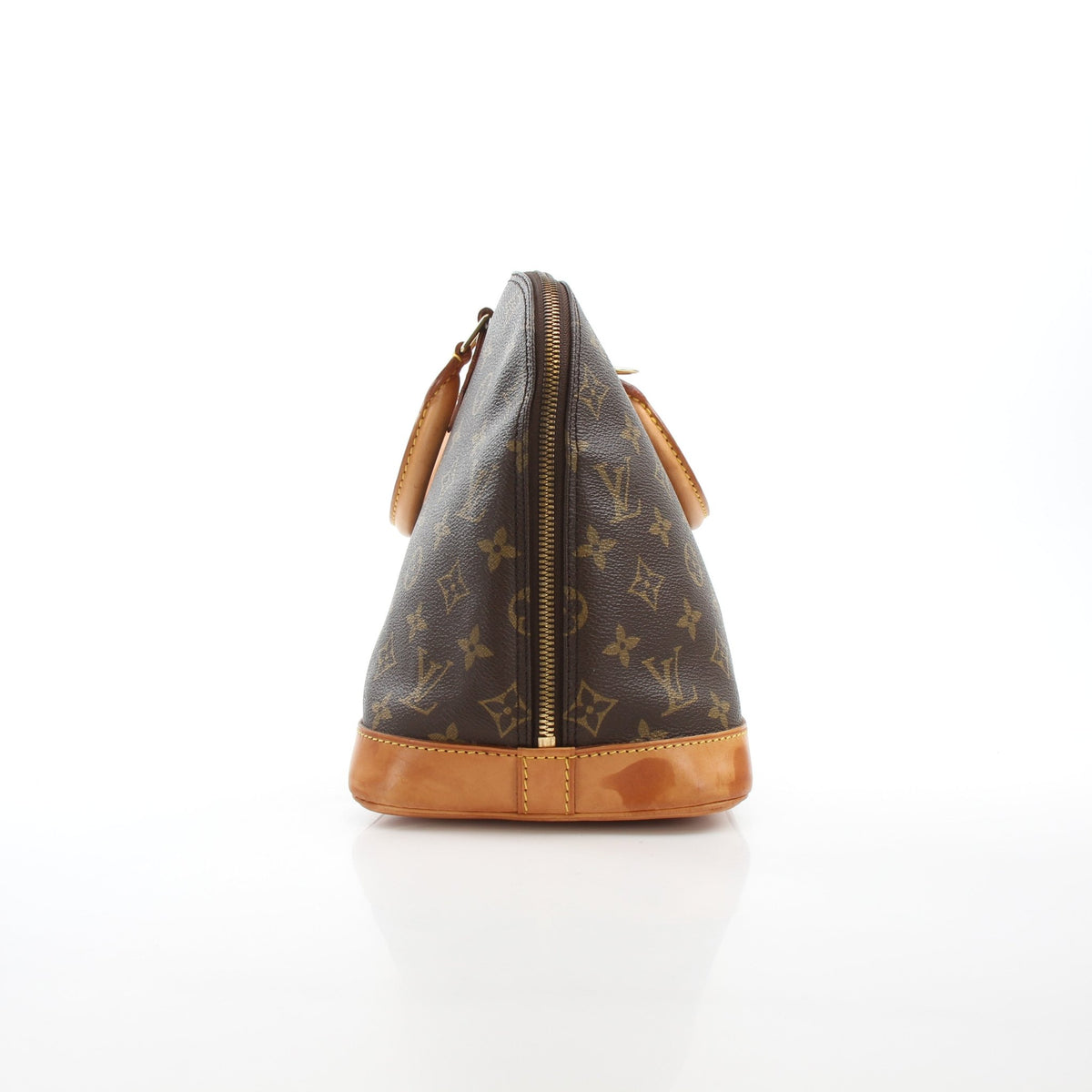 Louis Vuitton Monogram Alma PM handbag in brown coated canvas with gold-tone hardware and top handles.