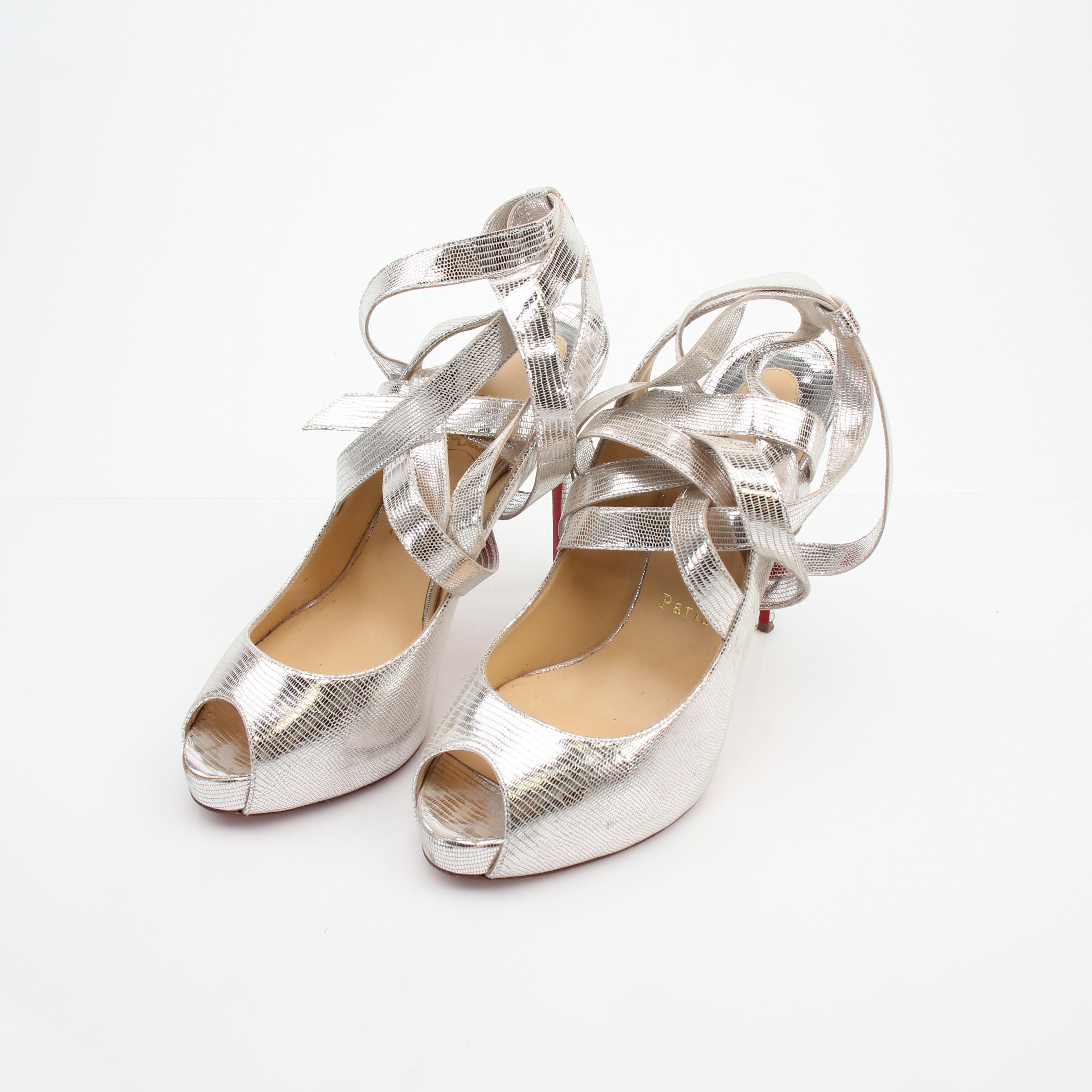 Christian Louboutin Cassia Metallic Leather Peep Toe Pumps