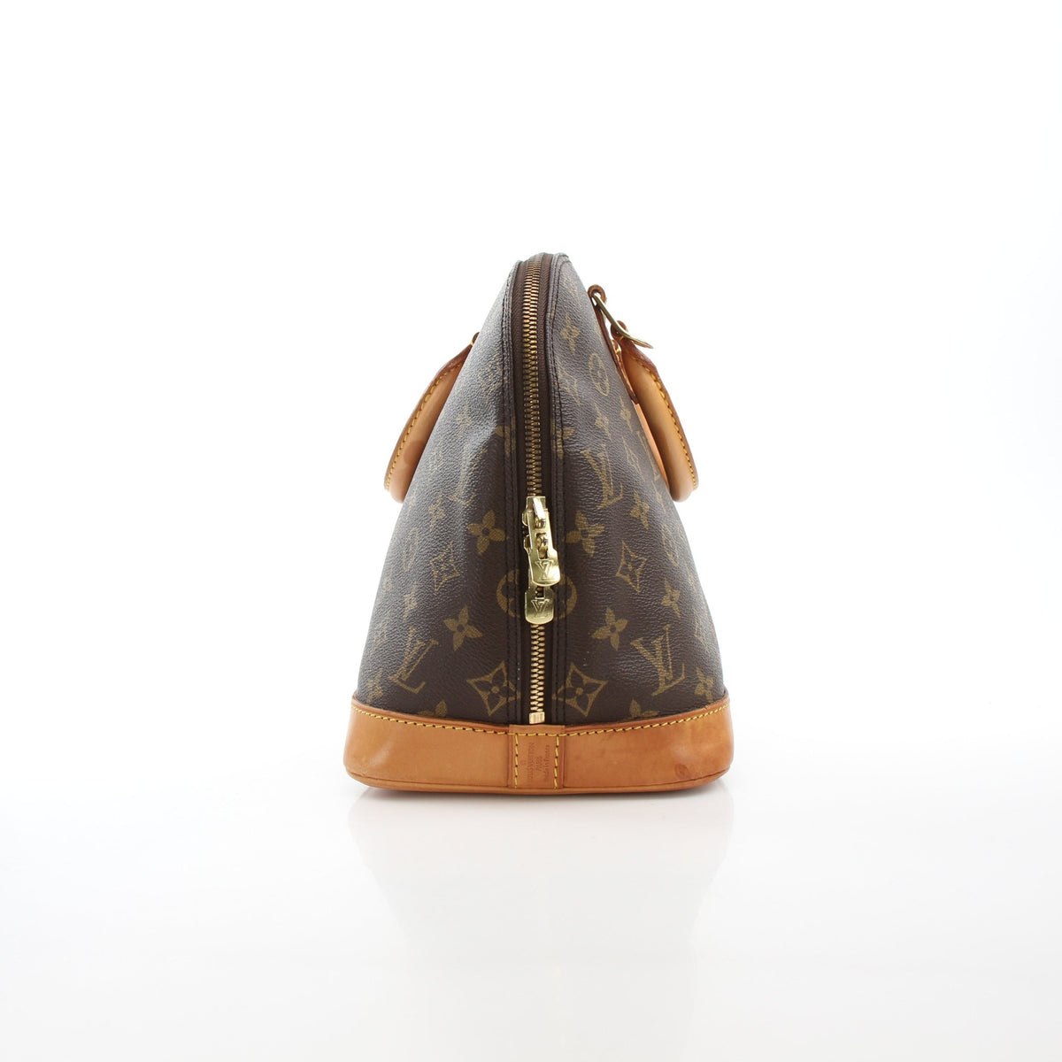 Louis Vuitton Monogram Alma PM handbag in brown coated canvas with gold-tone hardware and structured design.