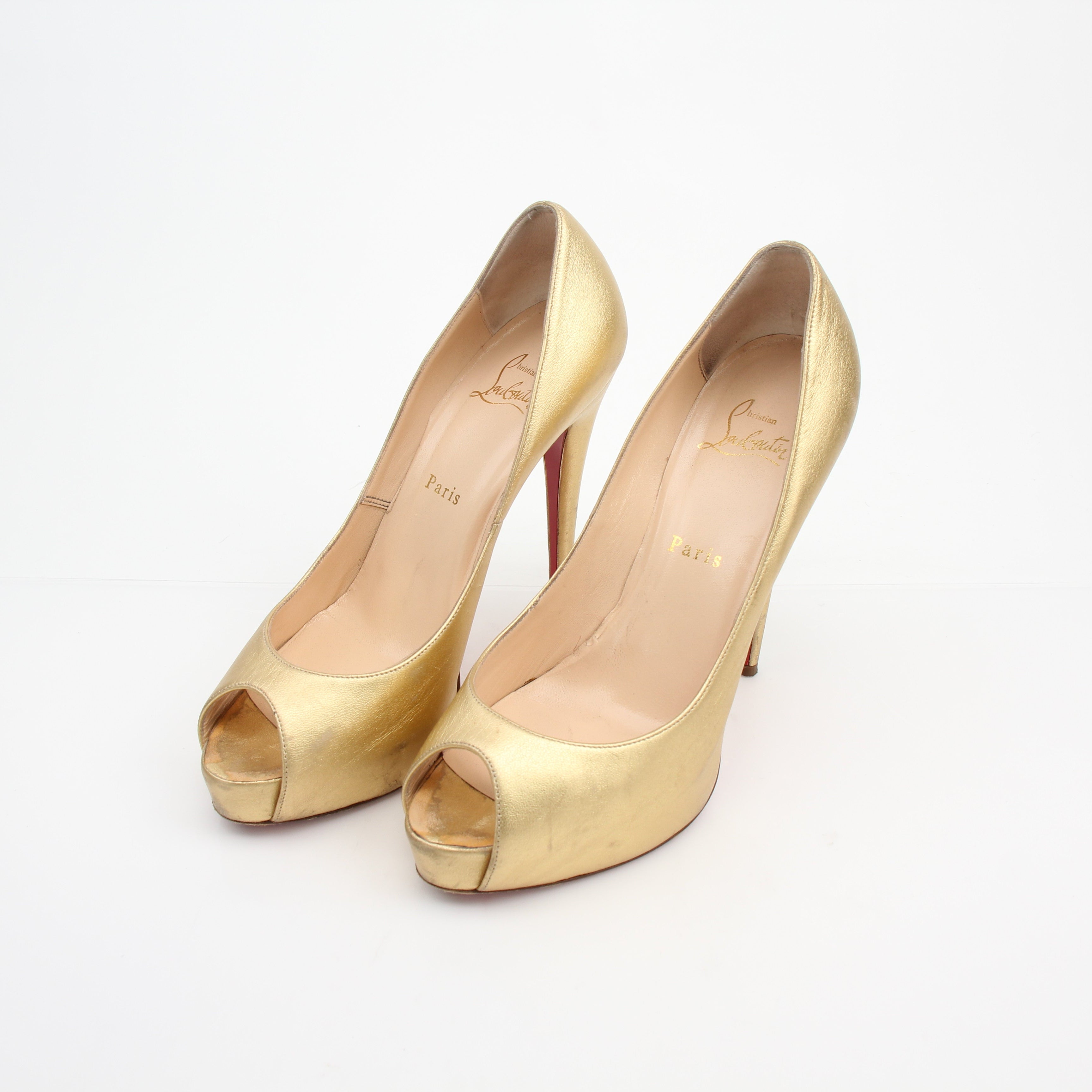 Christian Louboutin Hyper Prive Gold Leather Peep Toe Pumps
