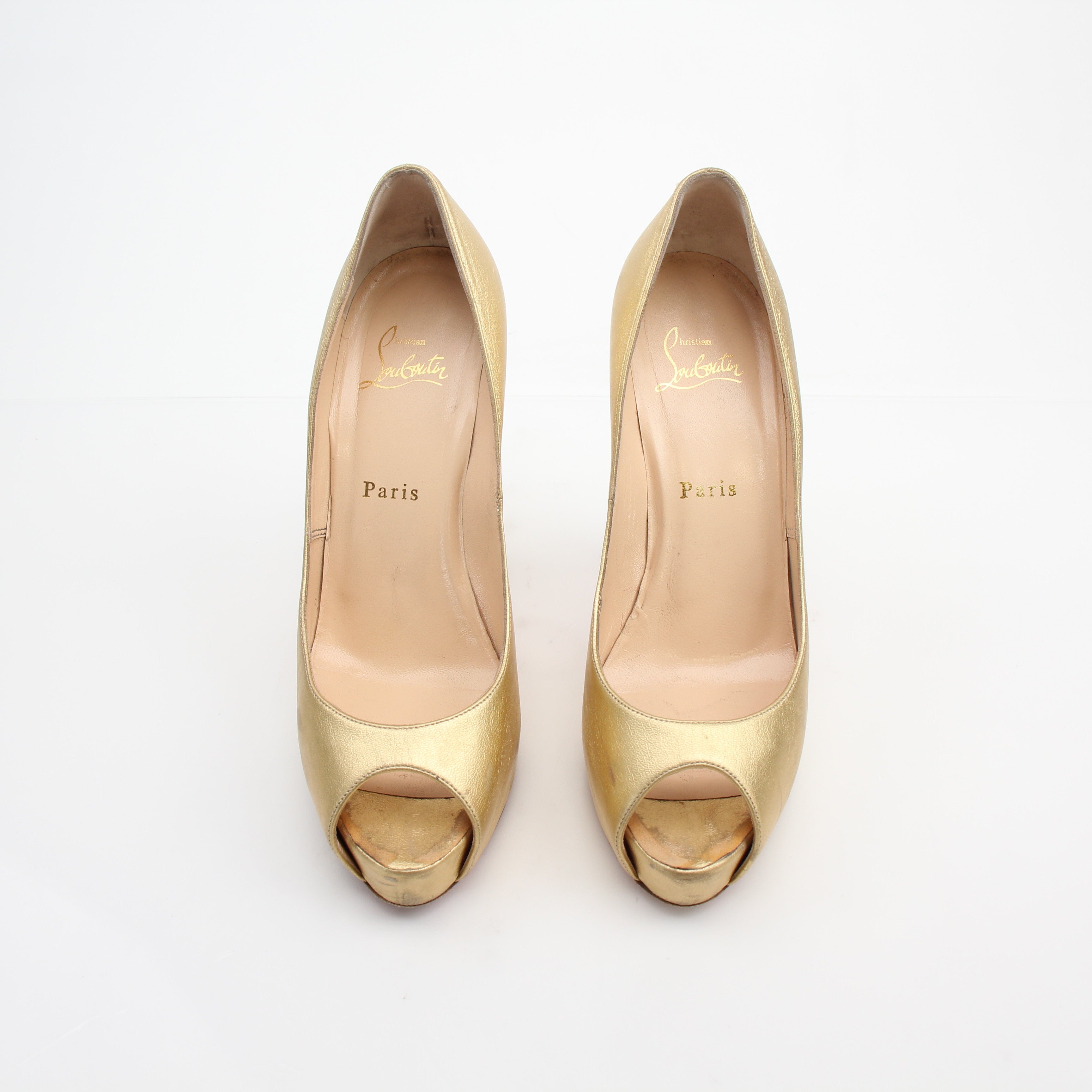 Christian Louboutin Hyper Prive Gold Leather Peep Toe Pumps