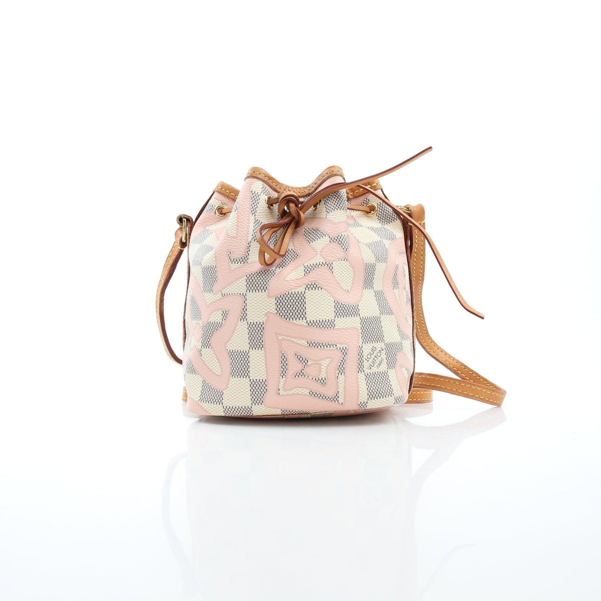 Louis Vuitton Damier Azur Tahitienne Nano Noé bucket handbag with leather handle and gold hardware, featuring signature checkered pattern.