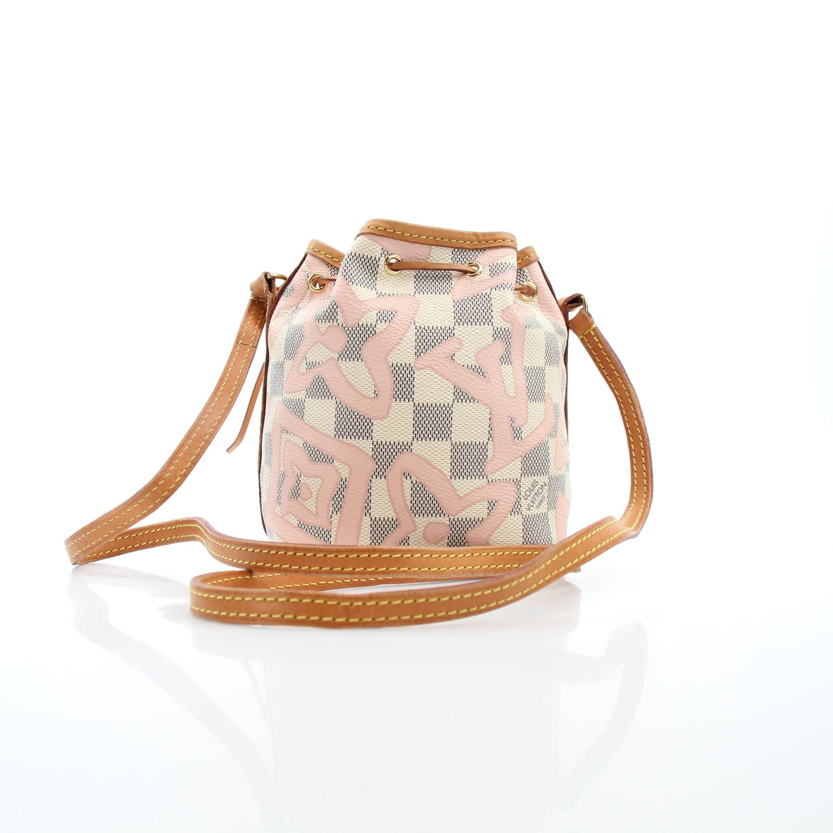 Louis Vuitton Damier Azur Tahitienne Nano Noé bucket handbag with leather trim and gold-tone hardware, featuring the iconic checkered pattern.
