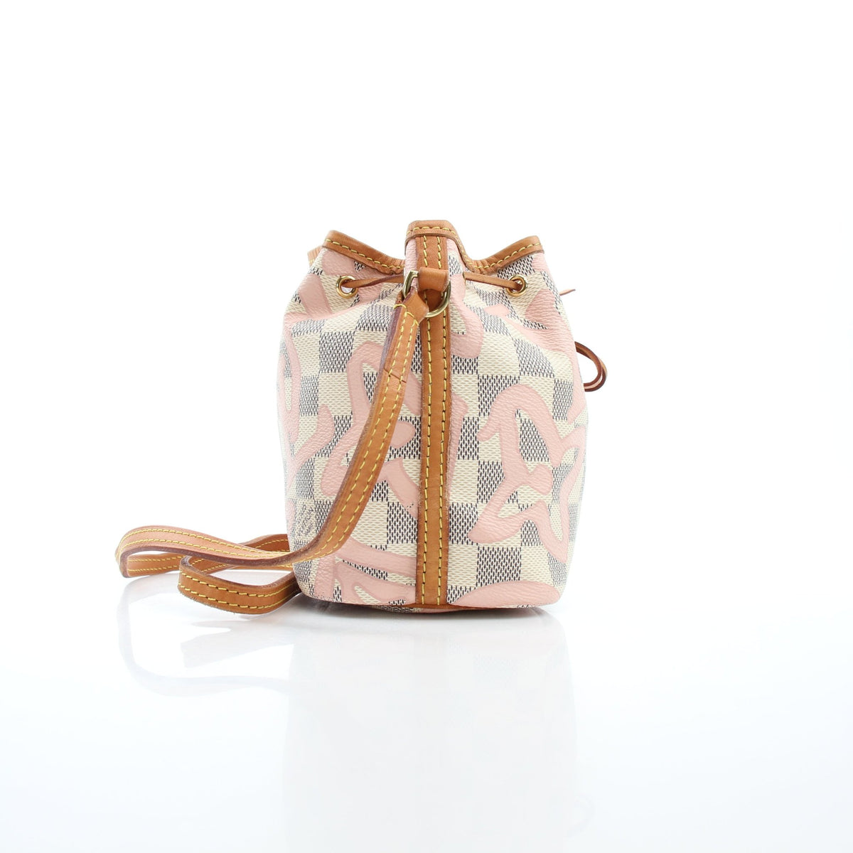 Louis Vuitton Damier Azur Tahitienne Nano Noé bucket handbag with leather drawstring closure and gold-tone hardware.