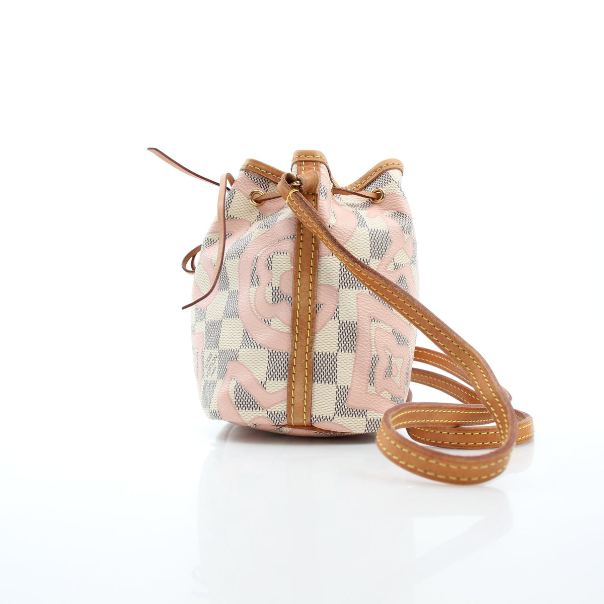 Louis Vuitton Damier Azur Tahitienne Nano Noé bucket handbag with leather handle and gold-tone hardware, displayed on a neutral background.