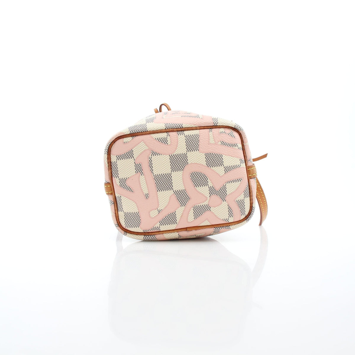 Louis Vuitton Damier Azur Tahitienne Nano Noé bucket handbag with leather drawstrings and gold-tone hardware, featuring checkered canvas.
