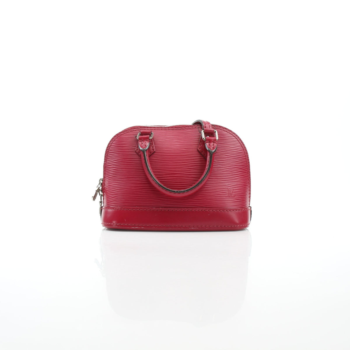 Louis Vuitton Epi Nano Alma red leather handbag with gold hardware, compact design, and top handle.