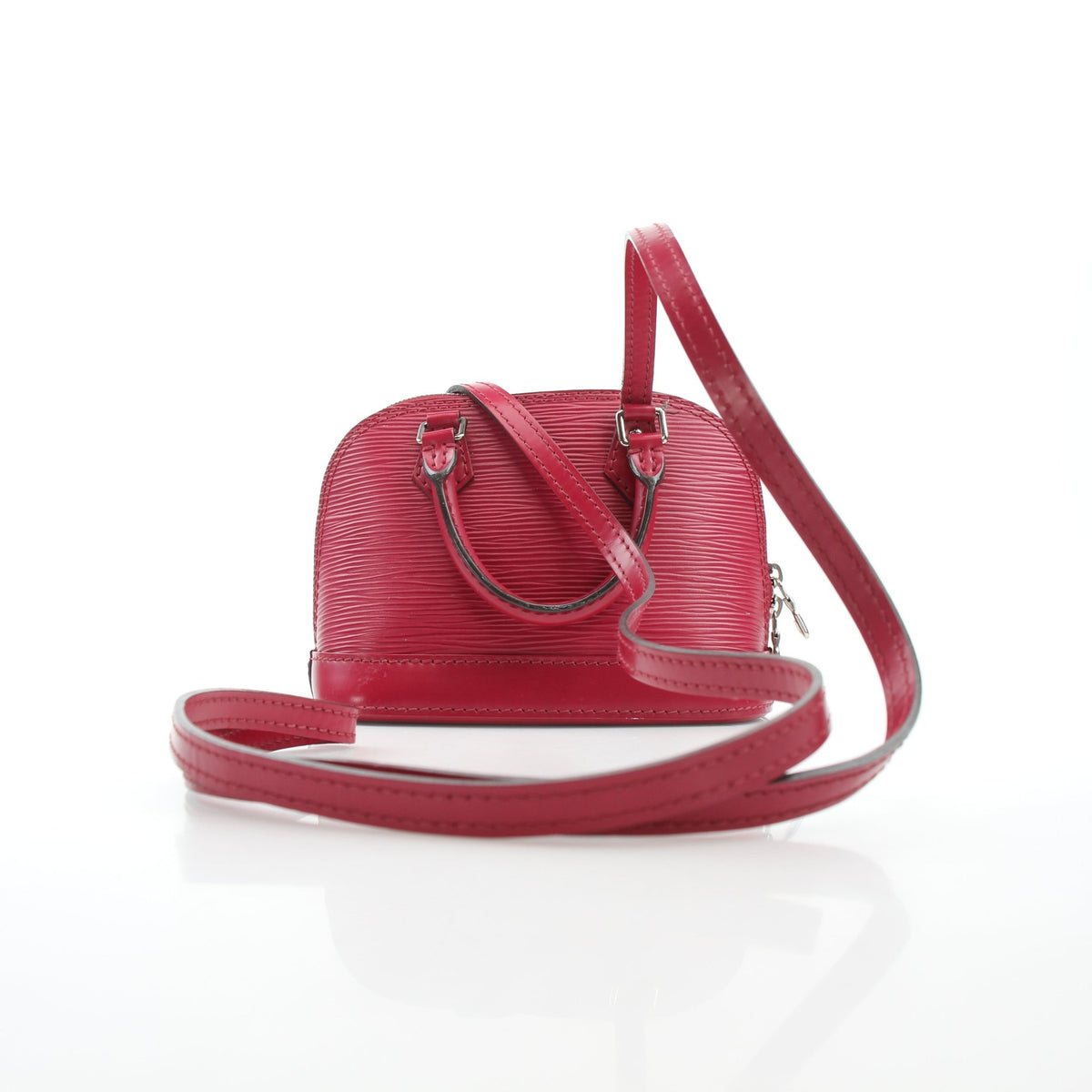 Louis Vuitton Epi Nano Alma red leather handbag with gold hardware and structured design, featuring top handles and a compact shape.