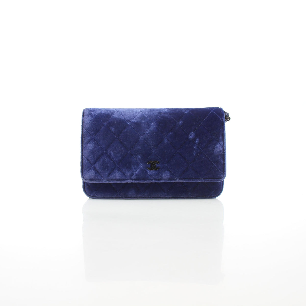 Blue Chanel Classic Velvet Wallet on Chain by Gold & Beyond with gold hardware and quilted velvet exterior.