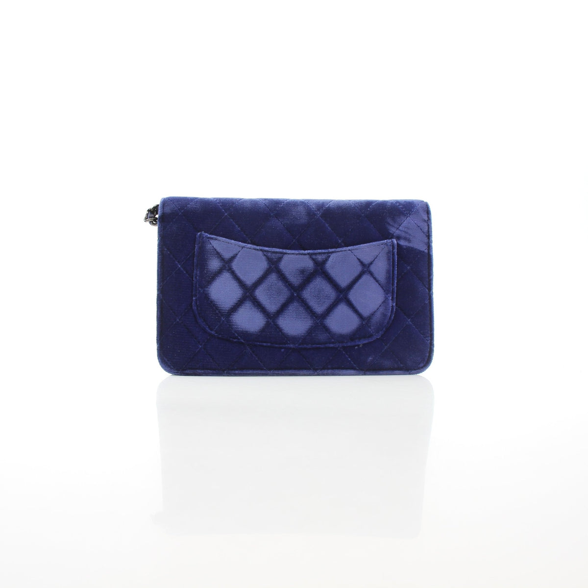 Chanel Classic Velvet Wallet on Chain in blue with gold hardware, featuring a sleek design and elegant chain strap.