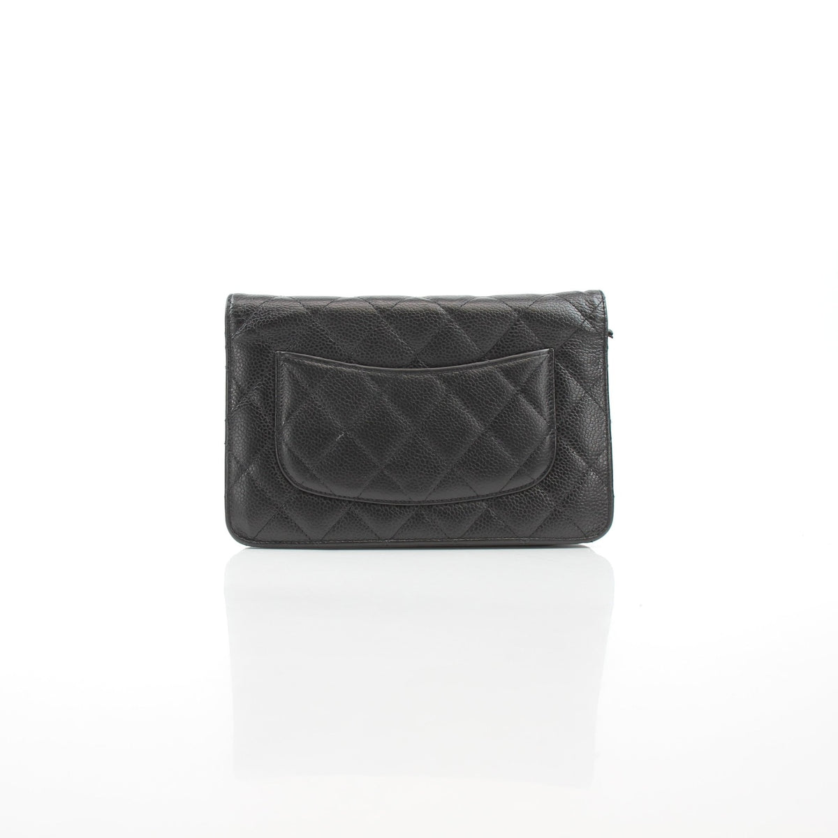 Black leather Chanel Classic Caviar Wallet on Chain handbag with gold-tone hardware and quilted design.