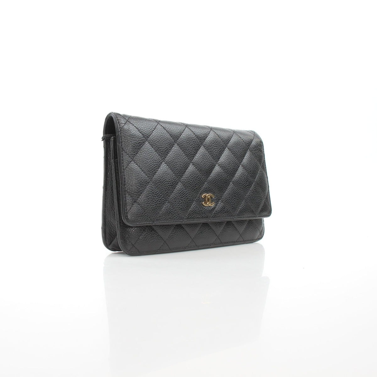 Chanel Classic Caviar Wallet on Chain handbag in black leather with gold-tone hardware, featuring a compact, elegant design.