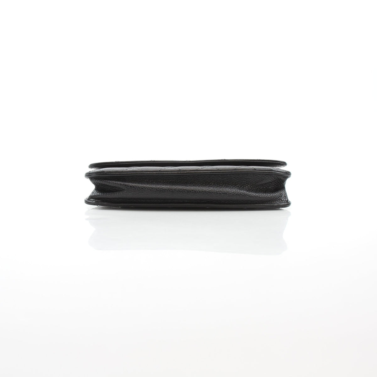 Black leather Chanel Classic Caviar Wallet on Chain handbag with gold hardware, featuring a compact, elegant design.