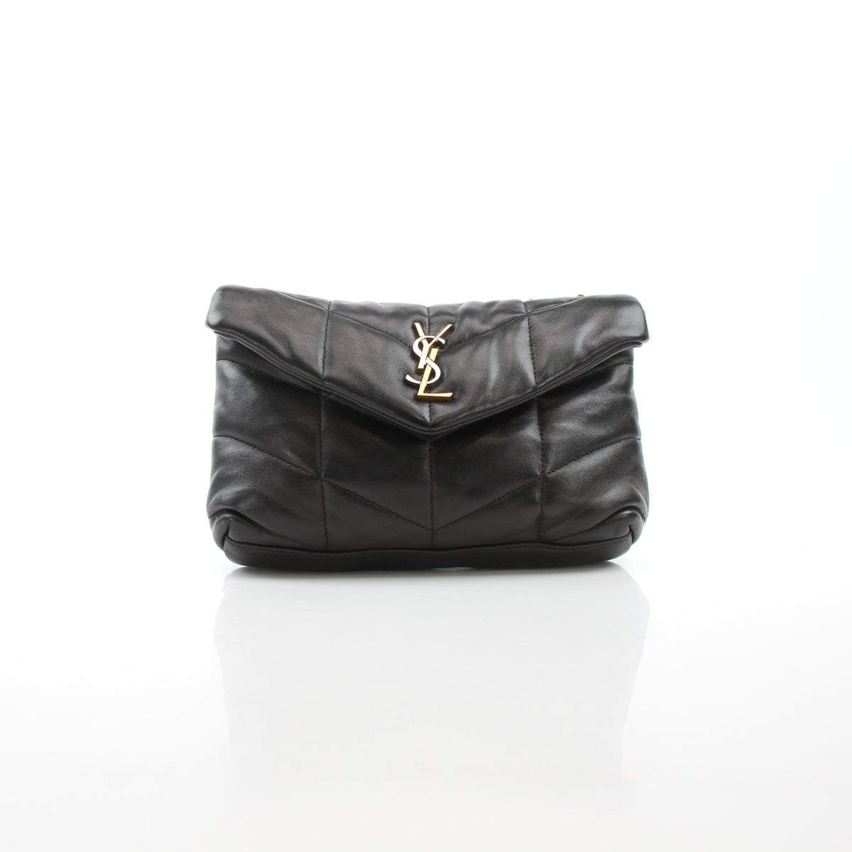 Saint Laurent Small Loulou black puffer handbag with gold hardware, featuring a compact, quilted design and top handle.