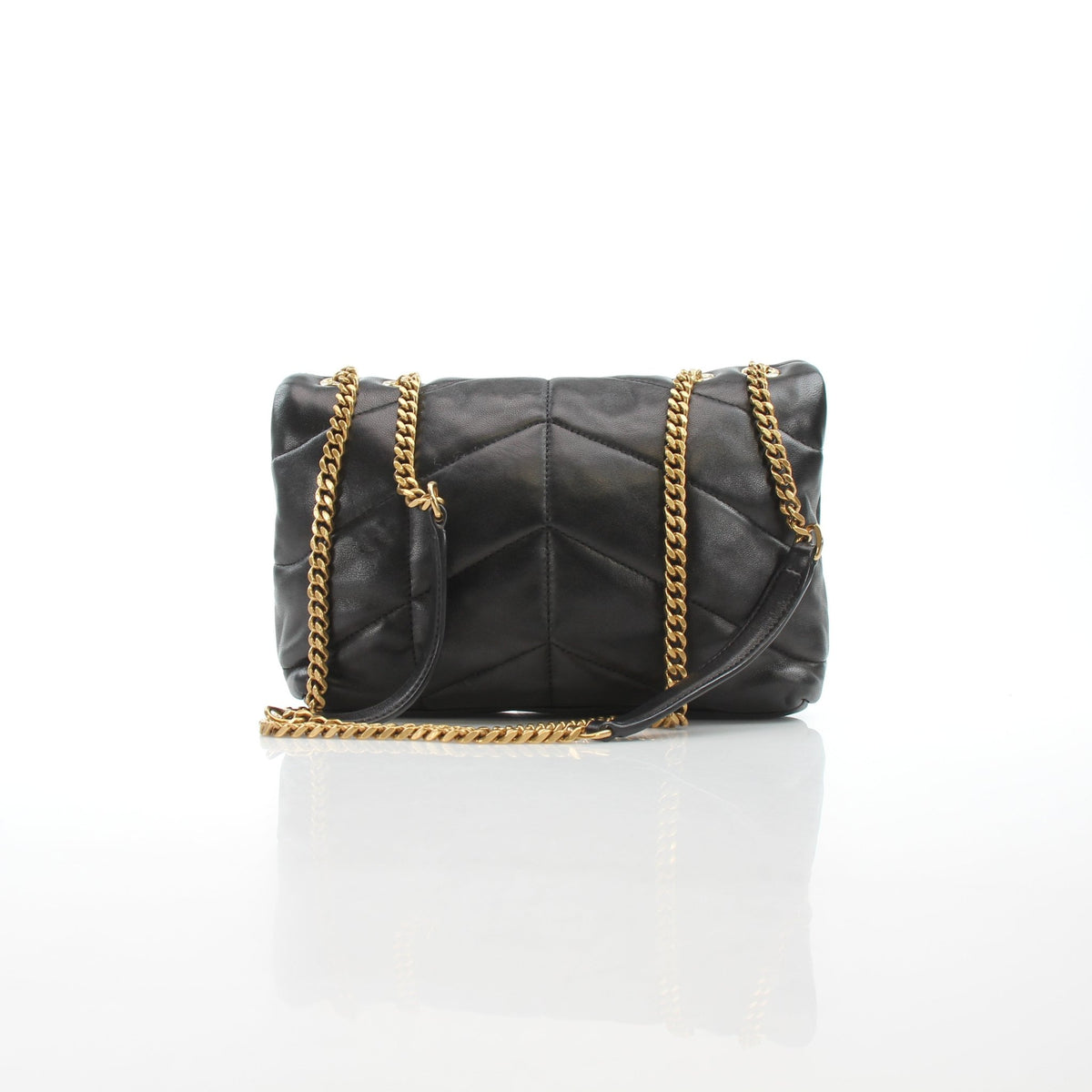 Saint Laurent Small Loulou black puffer handbag with gold-tone hardware and quilted design, front view showing logo details.
