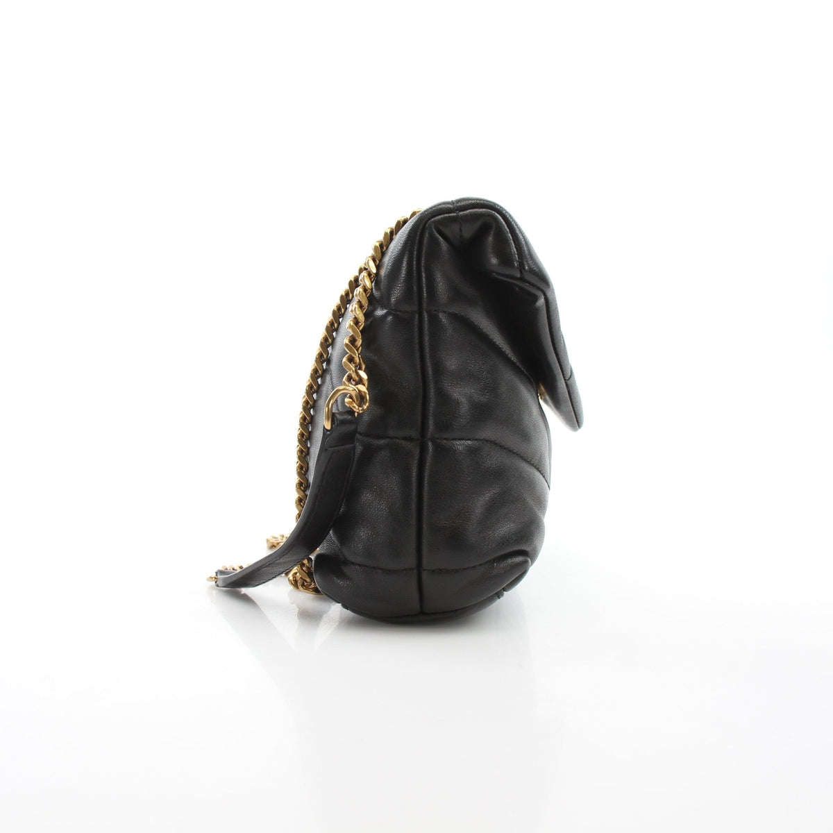 Saint Laurent Small Loulou Black Puffer Handbag with gold hardware, compact design, and quilted puffer style.