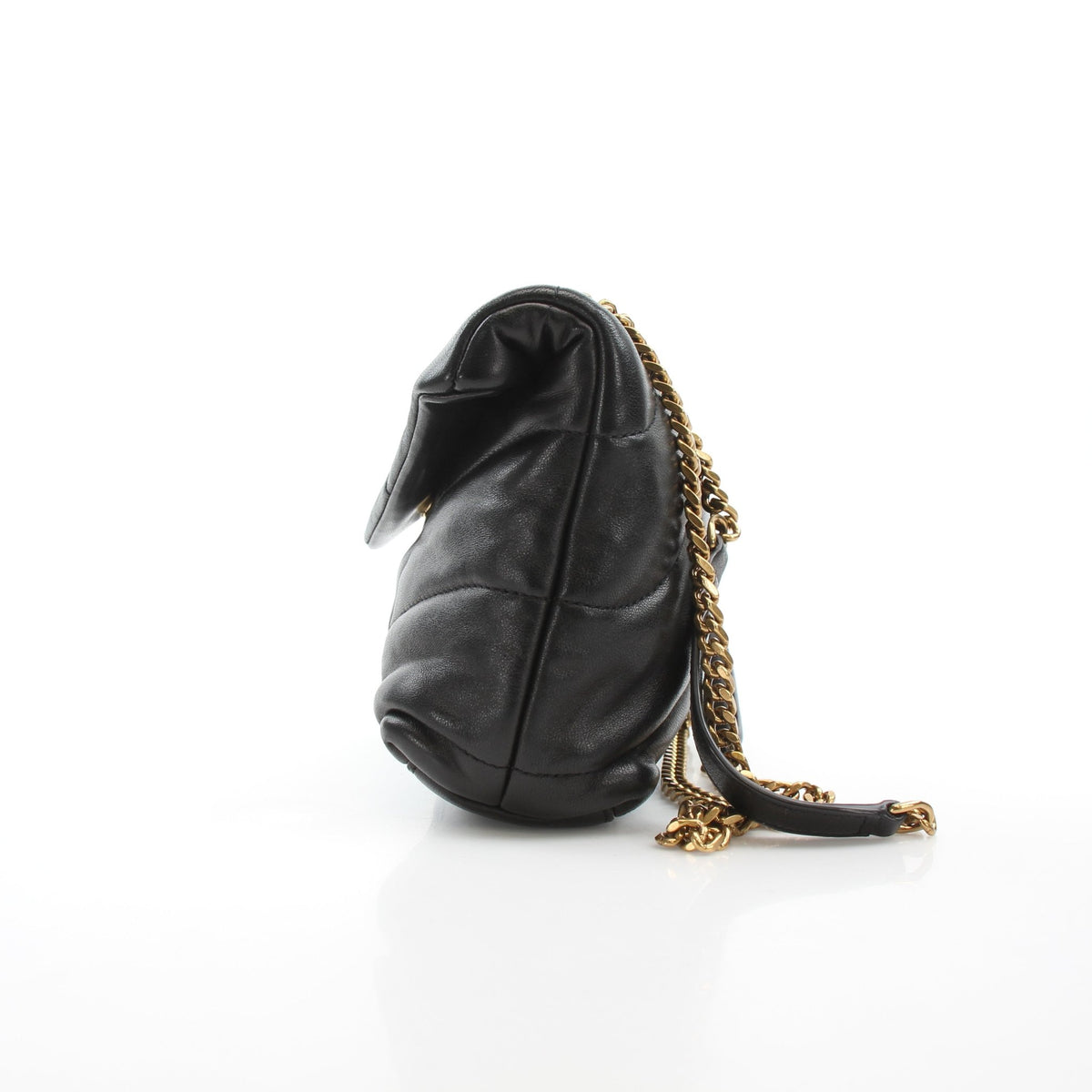 Small Saint Laurent Loulou black puffer handbag with gold chain strap and logo detail, stylish and compact accessory.