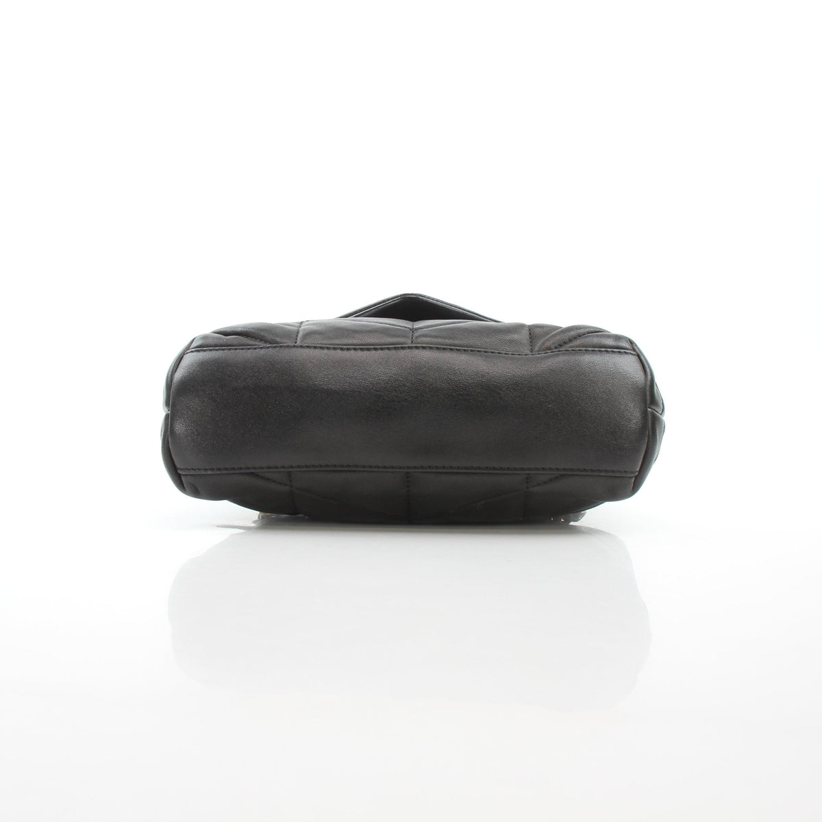 Small Saint Laurent Loulou Black Puffer Bag handbag with gold hardware and quilted exterior, placed on a neutral surface.