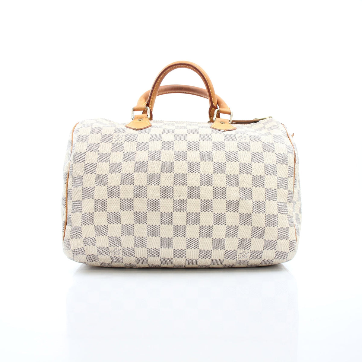 Louis Vuitton Damier Azur Speedy 30 handbag with leather handles and gold hardware, featuring the signature checkered pattern.