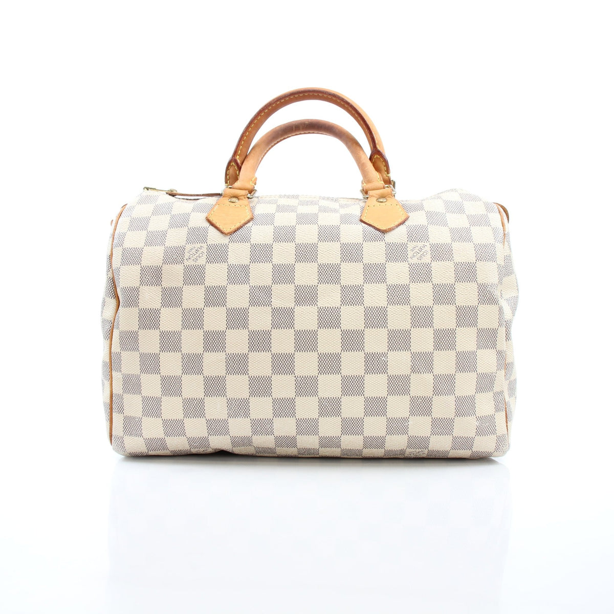 Louis Vuitton Damier Azur Speedy 30 handbag with leather handles and gold-tone hardware, featuring the signature checkered pattern.