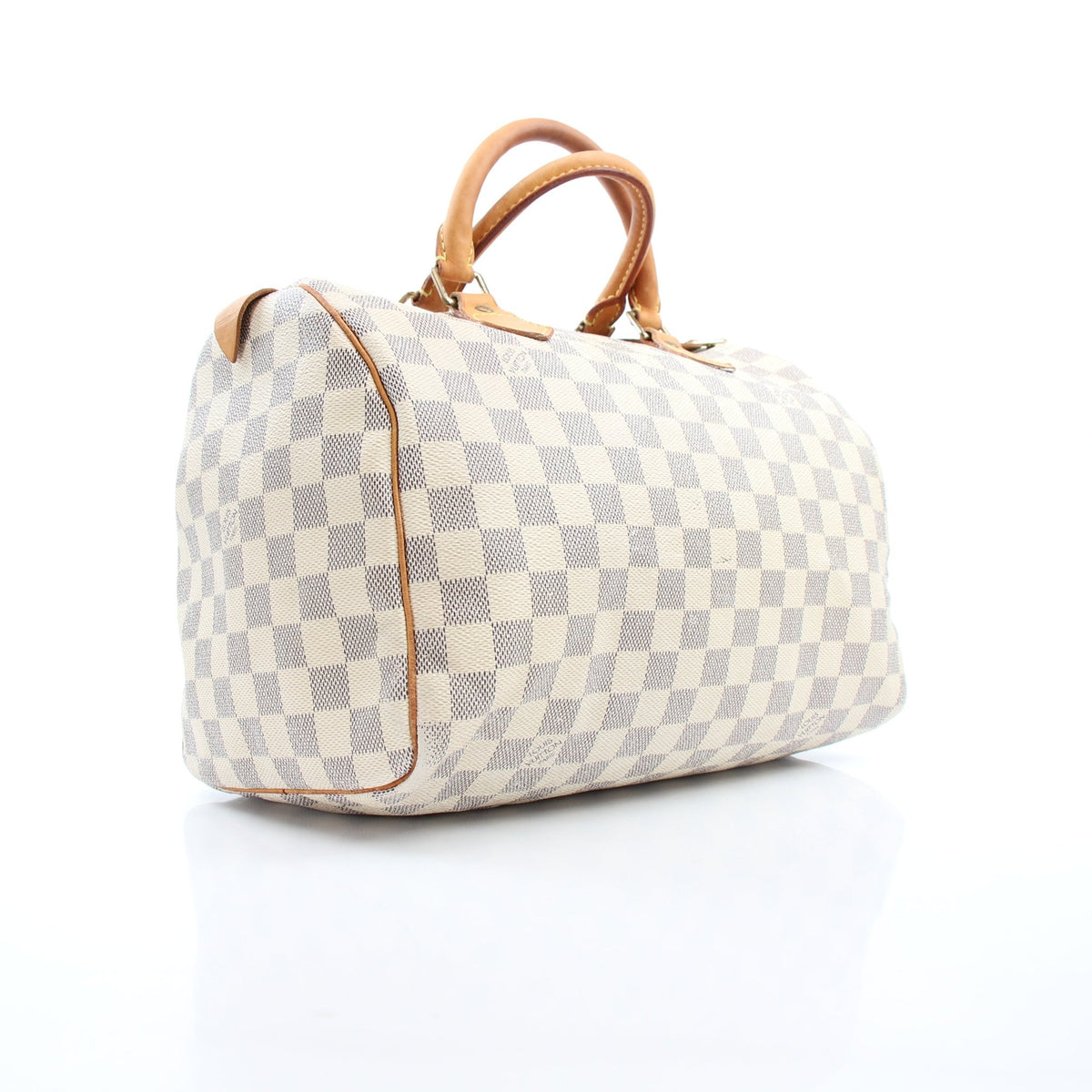 Louis Vuitton Damier Azur Speedy 30 handbag with gold hardware, featuring the signature checkered pattern and leather handles.