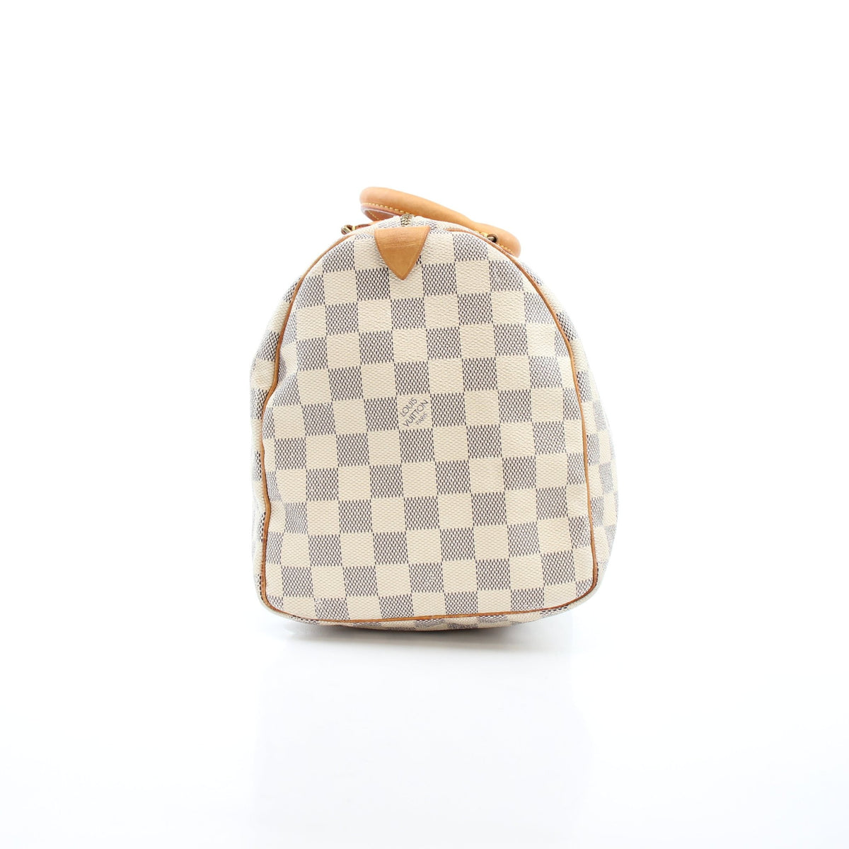 Louis Vuitton Damier Azur Speedy 30 handbag with leather handles, gold hardware, and signature checkered pattern.