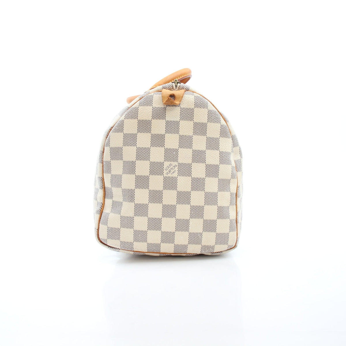 Louis Vuitton Damier Azur Speedy 30 handbag with leather handles and gold-tone hardware, featuring checkered canvas pattern.