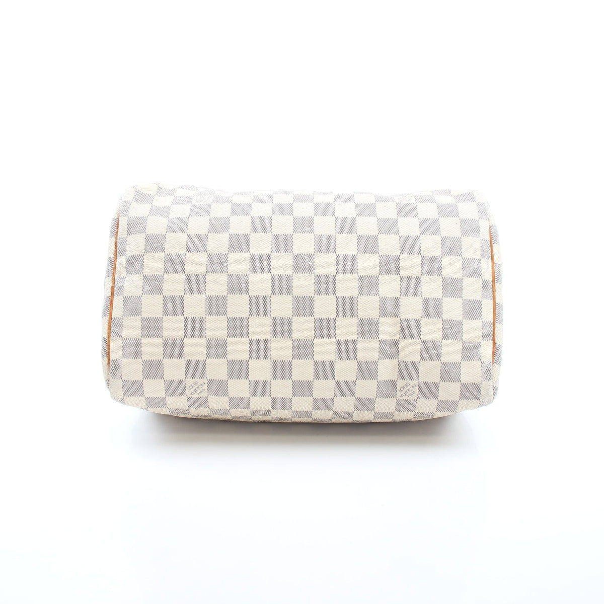 Louis Vuitton Damier Azur Speedy 30 handbag with leather handles and gold-tone hardware, showcasing classic checkered pattern.