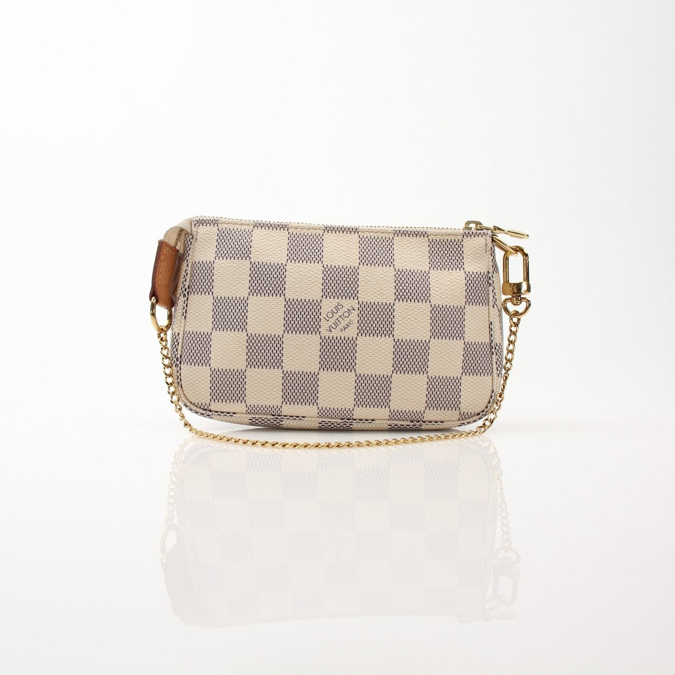 Louis Vuitton Pochette Chain Coin Purse handbag with gold chain and leather exterior, featuring the iconic LV logo and sleek design