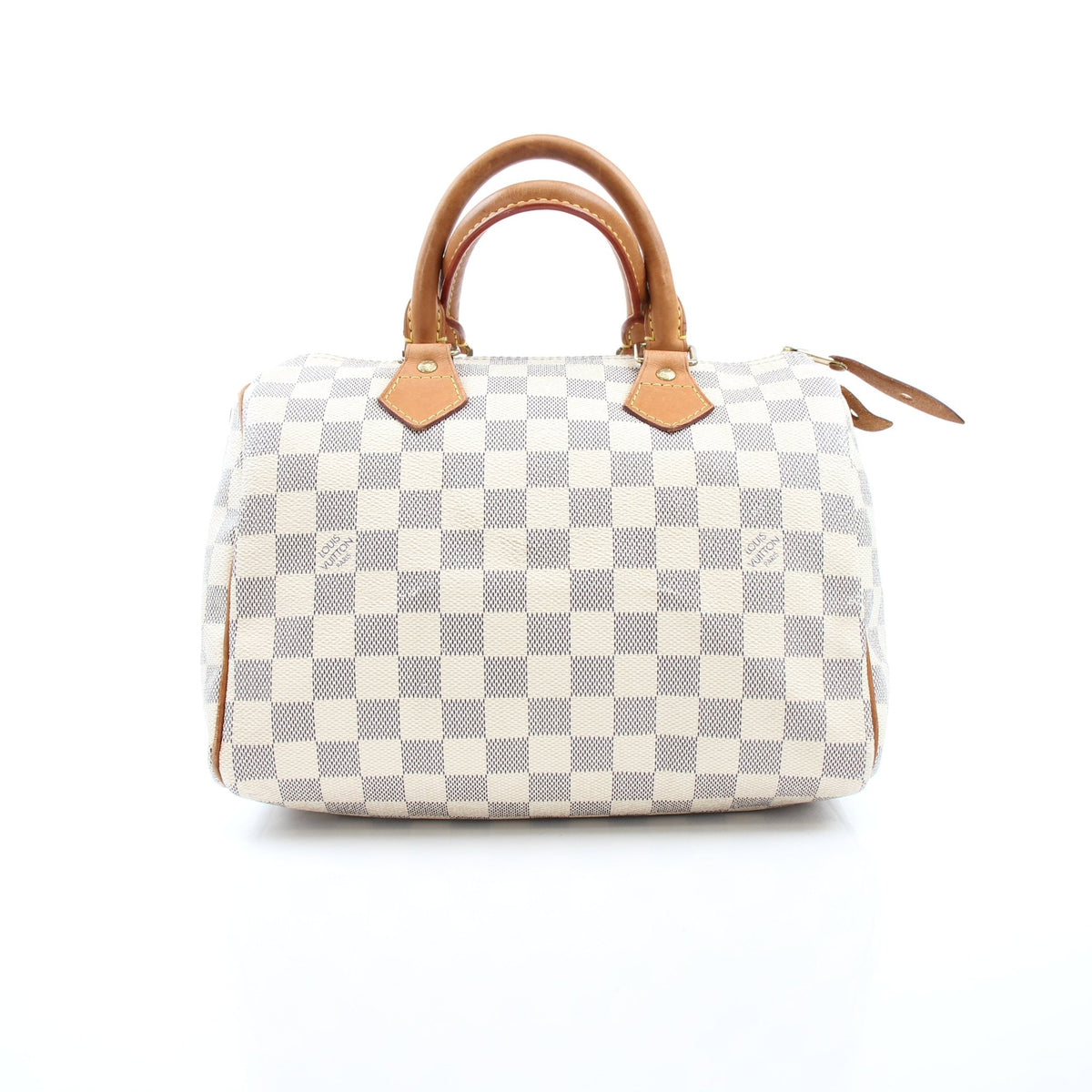 Louis Vuitton Damier Azur Speedy 25 handbag with leather handles and gold hardware, displayed on a neutral background.