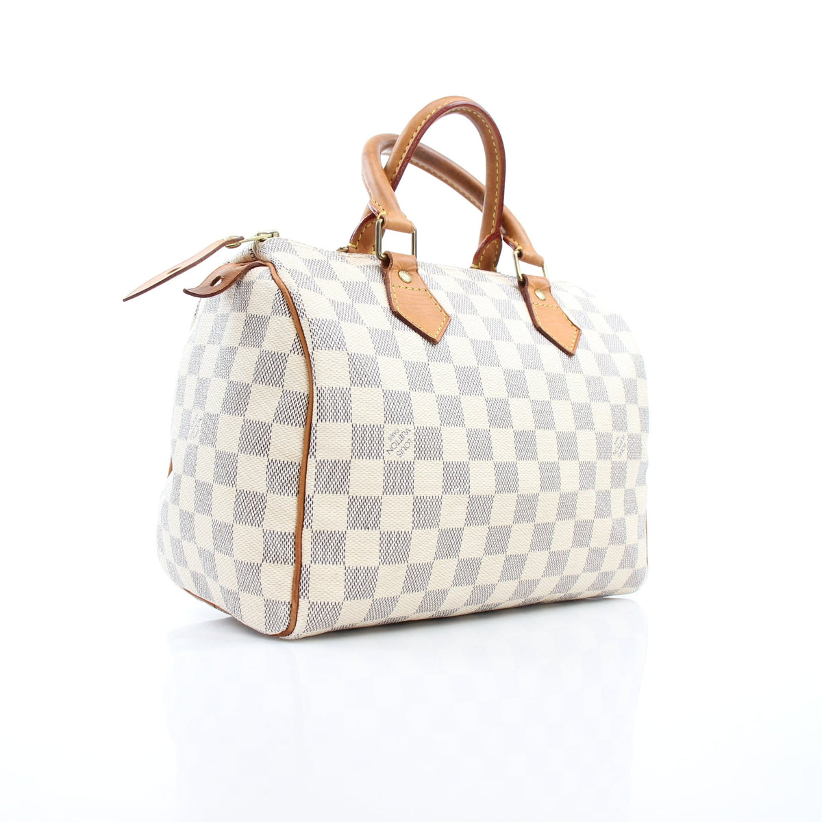 Louis Vuitton Damier Azur Speedy 25 handbag with leather handles and gold hardware, featuring the iconic checkered pattern.
