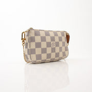 Louis Vuitton Pochette Chain Coin Purse handbag with gold chain, featuring classic monogram pattern and compact design.