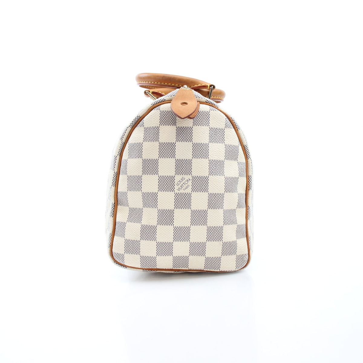 Louis Vuitton Damier Azur Speedy 25 handbag with leather handles and gold-tone hardware, featuring the signature checkered pattern.