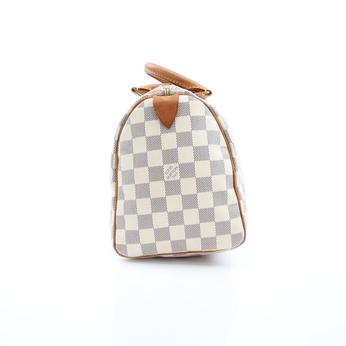 Louis Vuitton Damier Azur Speedy 25 handbag with leather trim and gold hardware, showcasing the classic checkered pattern.