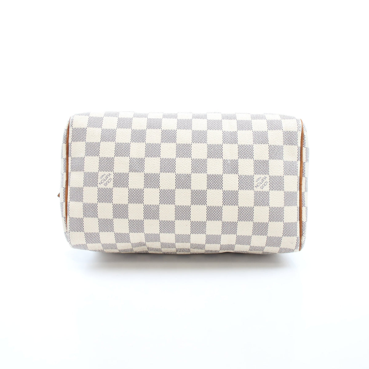 Louis Vuitton Damier Azur Speedy 25 handbag with gold-tone hardware and leather handles on a neutral background.