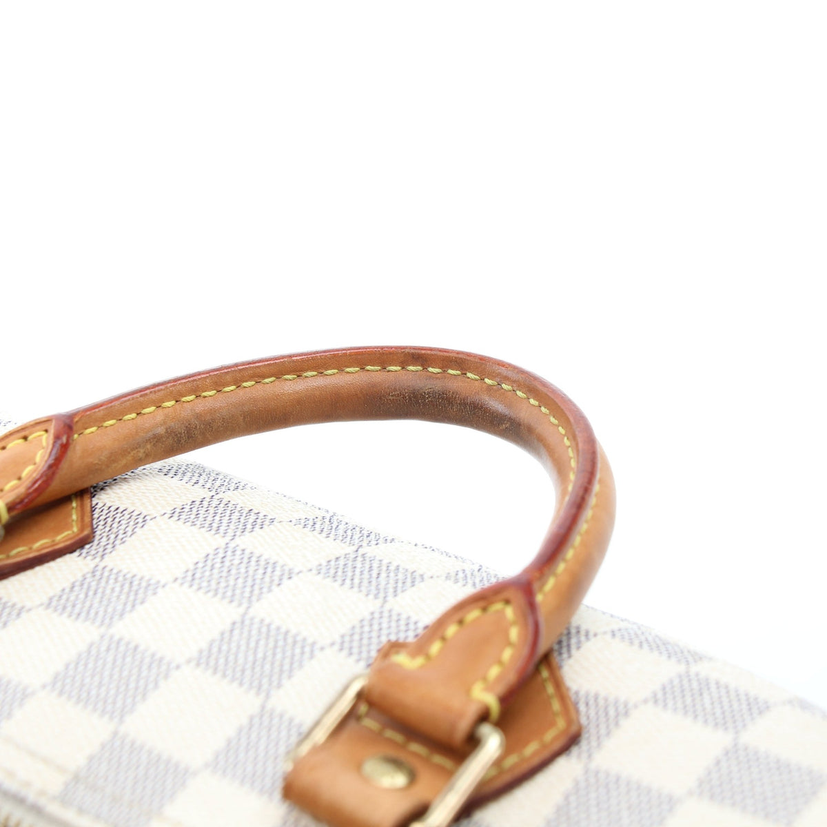 Louis Vuitton Damier Azur Speedy 25 handbag with leather handles and silver hardware, showcasing the iconic checkered pattern.
