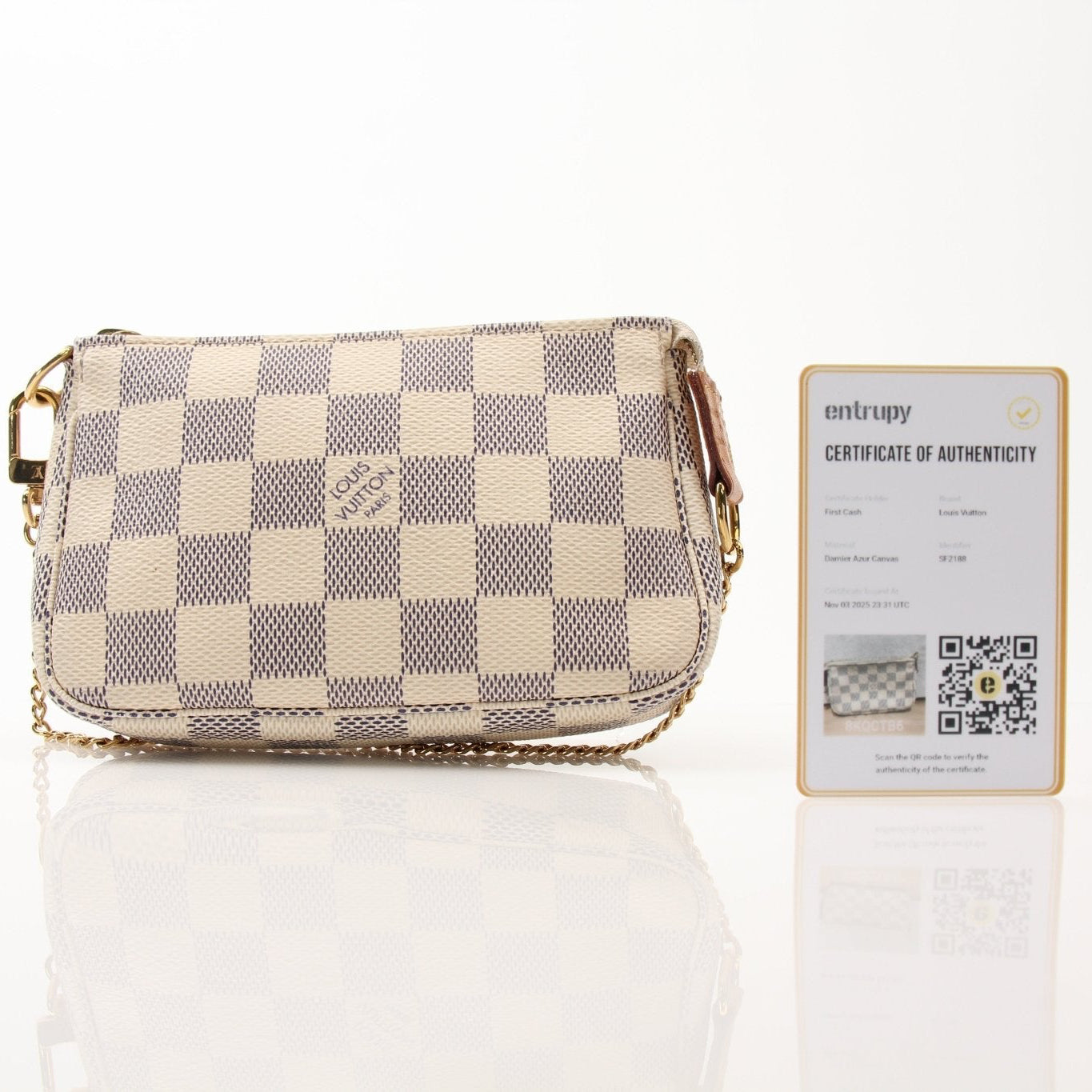 Louis Vuitton Pochette Chain Coin Purse handbag in gold with a chain strap and signature monogram design.
