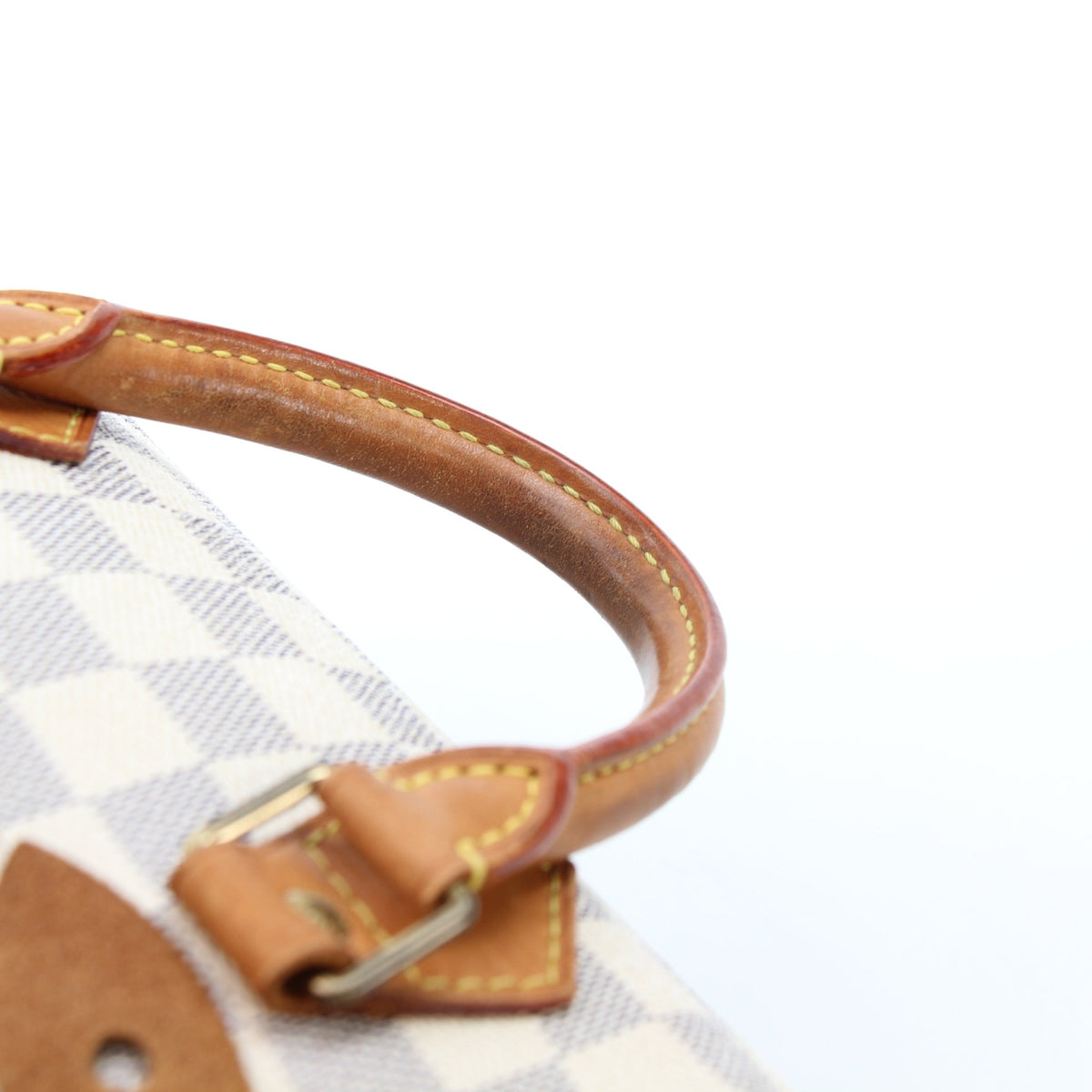 Louis Vuitton Damier Azur Speedy 25 handbag with leather handles and gold-tone hardware, featuring the signature checkered pattern.