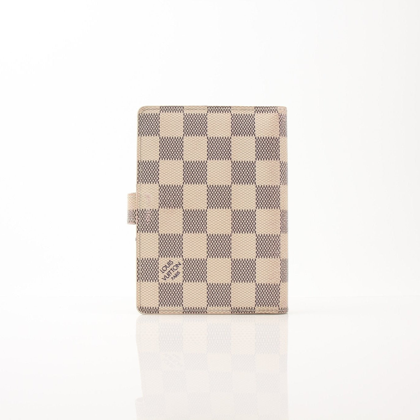 Louis Vuitton Damier Azur Agenda PM accessory with gold accents, featuring the signature checkered pattern and compact design.