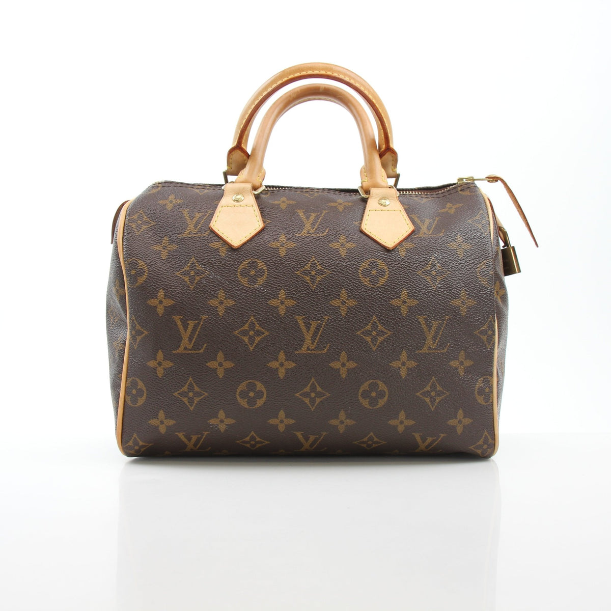 Louis Vuitton Monogram Speedy 25 handbag with tan leather trim, gold hardware, and monogram canvas, featuring dual top handles.