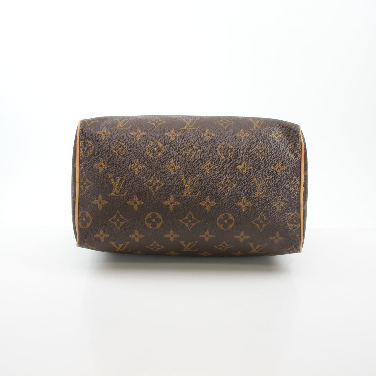 Louis Vuitton Monogram Speedy 25 handbag with leather handles and gold hardware, displayed on a neutral background.