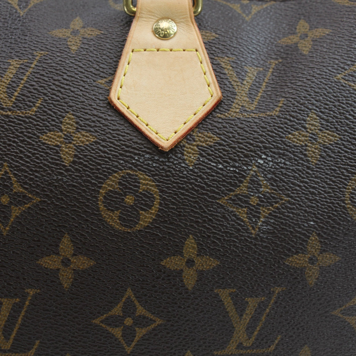 Louis Vuitton Monogram Speedy 25 handbag with leather handles and gold hardware, featuring classic monogram canvas and structured shape.