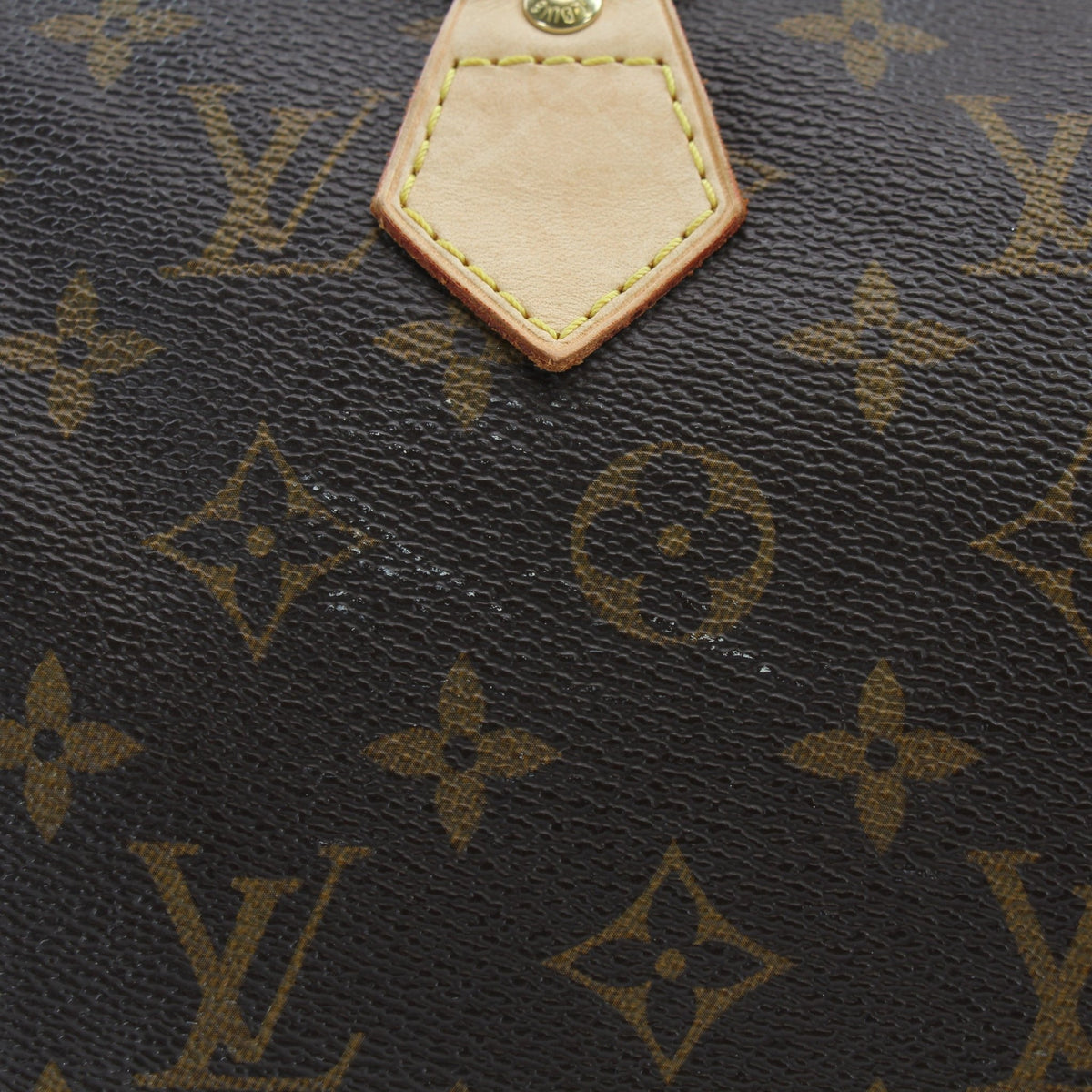 Louis Vuitton Monogram Speedy 25 handbag with leather handles and gold hardware, displayed on a neutral background.