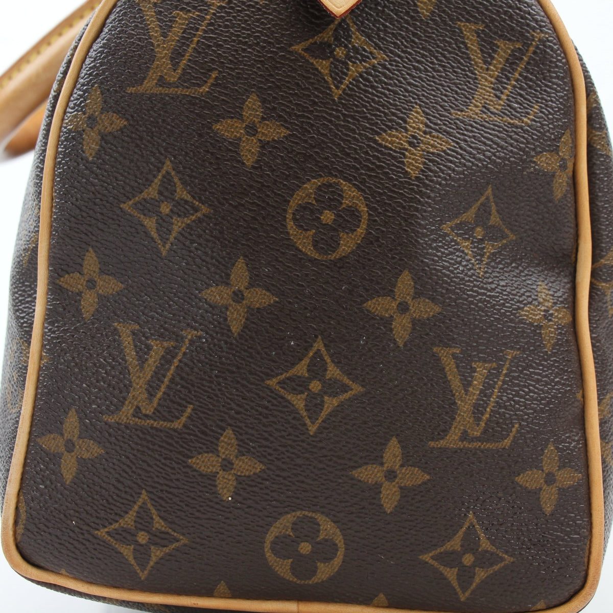 Louis Vuitton Monogram Speedy 25 handbag with leather handles and gold hardware, featuring the iconic monogram canvas.