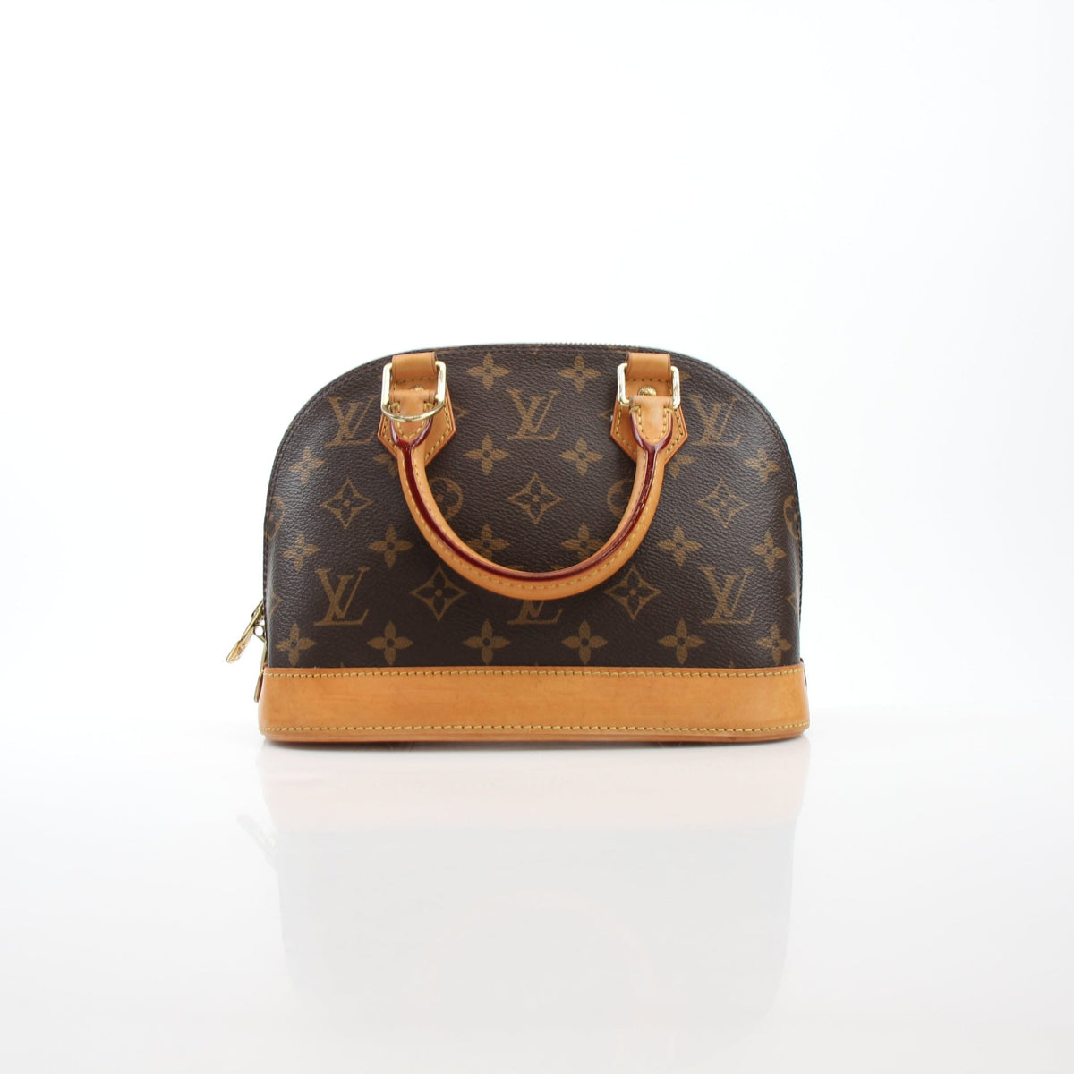 Louis Vuitton Brown Alma BB handbag with gold hardware, featuring structured design and top handle, shown on a plain background.