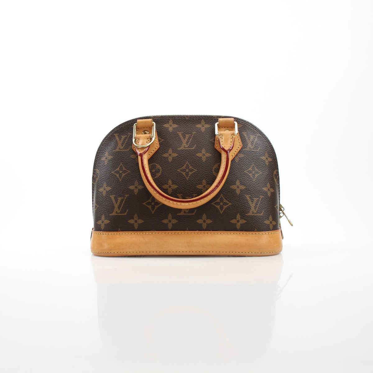 Louis Vuitton Brown Alma BB handbag with gold hardware, featuring structured design and top handle for elegant style.