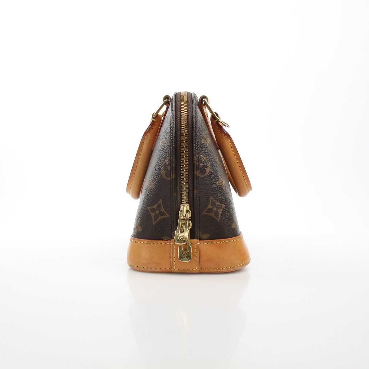Louis Vuitton Brown Alma BB handbag with gold hardware, featuring structured leather design and top handles.