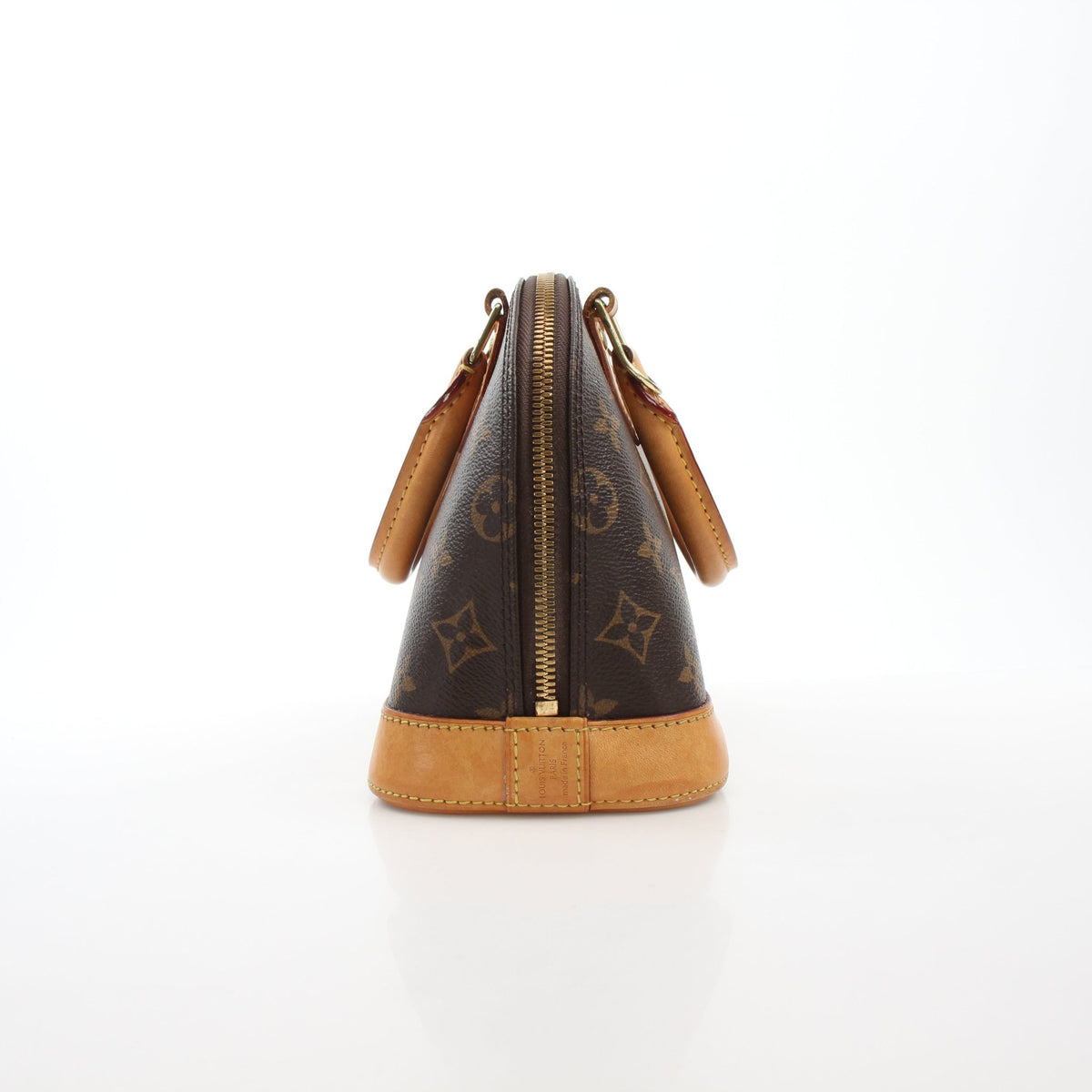 Louis Vuitton Brown Alma BB handbag with gold accents, featuring structured leather design and top handles.