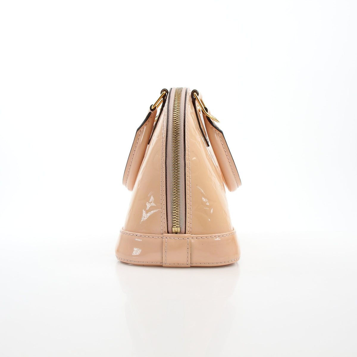 Louis Vuitton Blush Pink Alma BB handbag with gold hardware, featuring smooth leather and top handles.